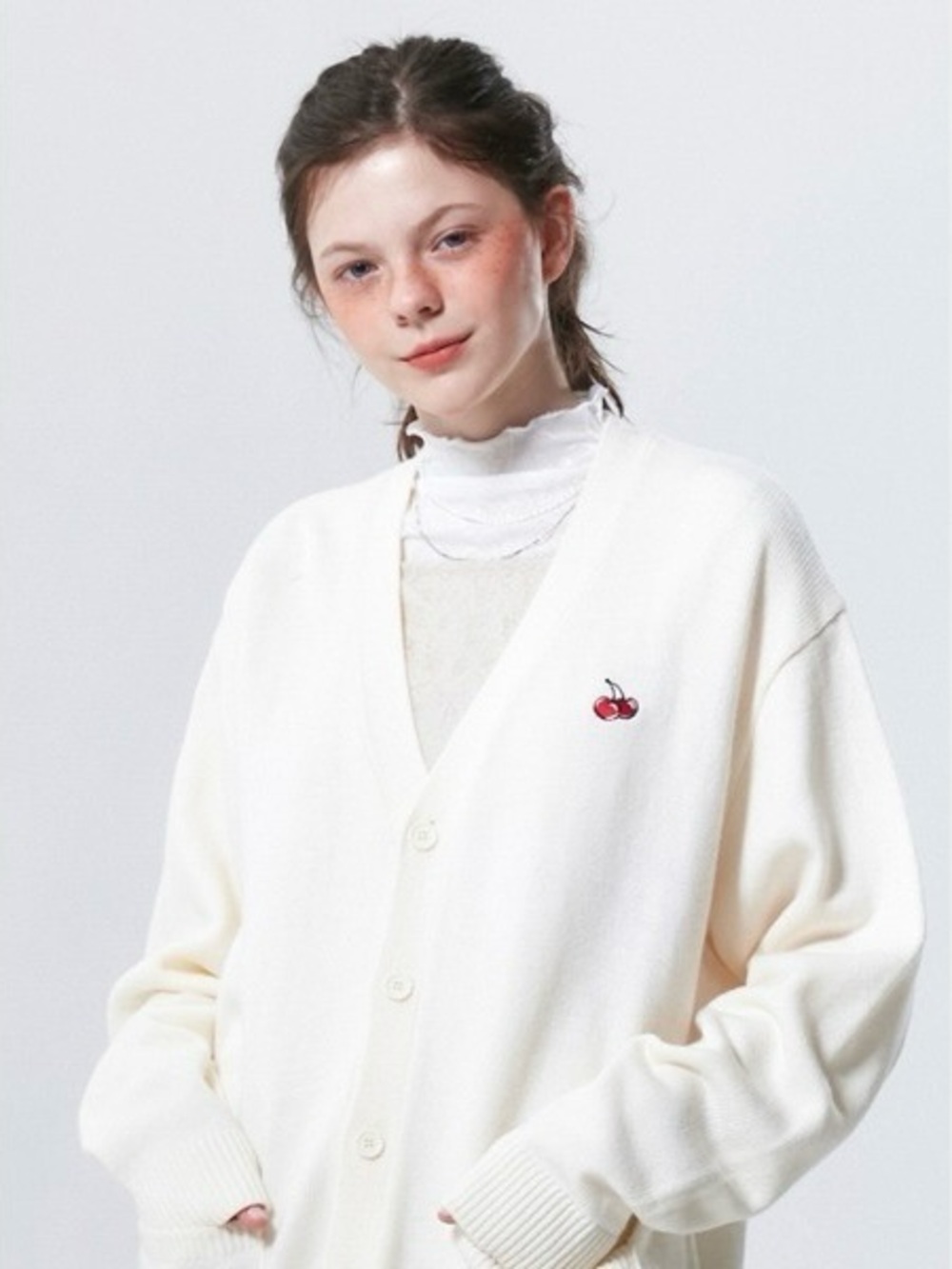 KIRSH Oversized Cream V-Neck Button Cardigan with Cherry Embroidery